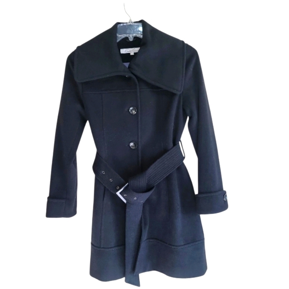 Kenneth Cole Women Black Woolblend Belted Mackage Pea Coat Size 4